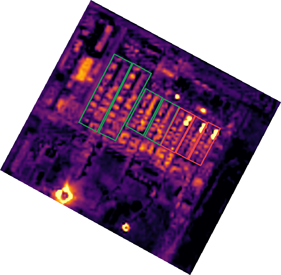 The same scene in SWIR thermal. Process heat isolates the three active trains — the larger units stay cold.